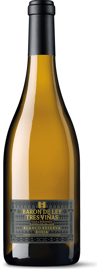 Botella de vino Barón de Ley tres viñas blanco reserva